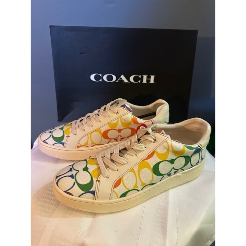 Coach Clip Pride Signature Low Top White Multi Rainbow Sneakers C1865 Womens 9B - Picture 1 of 8